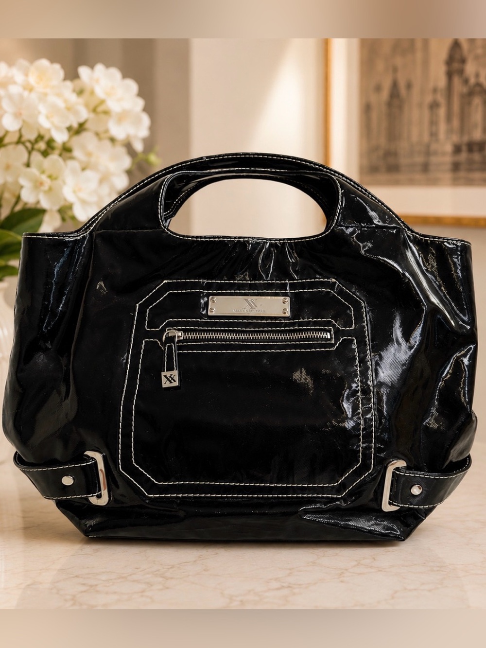 Maxx New York Black Patent PVC Tote Shoulder Bag White Contrast Stitch Y2K